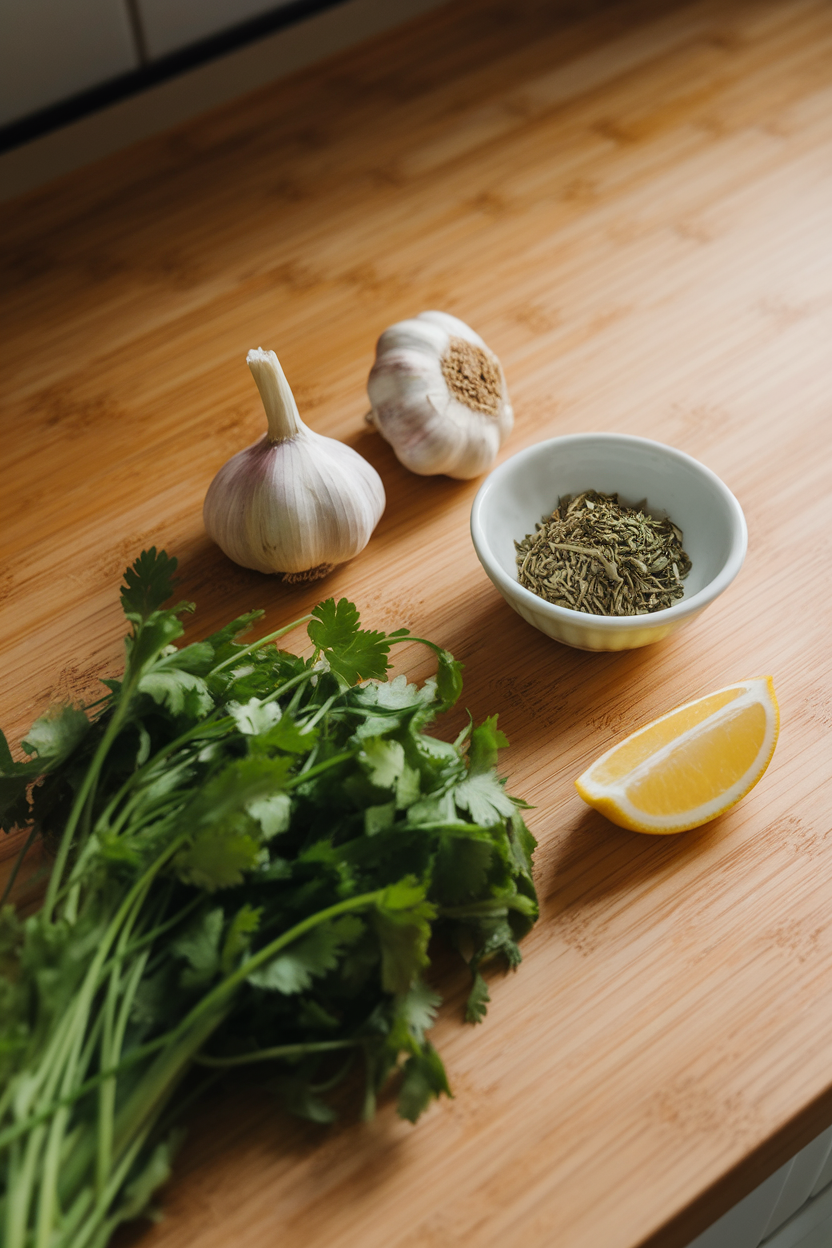 Indoor countertop with bunches of fresh cilantro and parsley next to a garlic bulb, a small bowl of dried oregano, and a lemon wedge. Soft side lighting, no text or logos, photo not illustration.