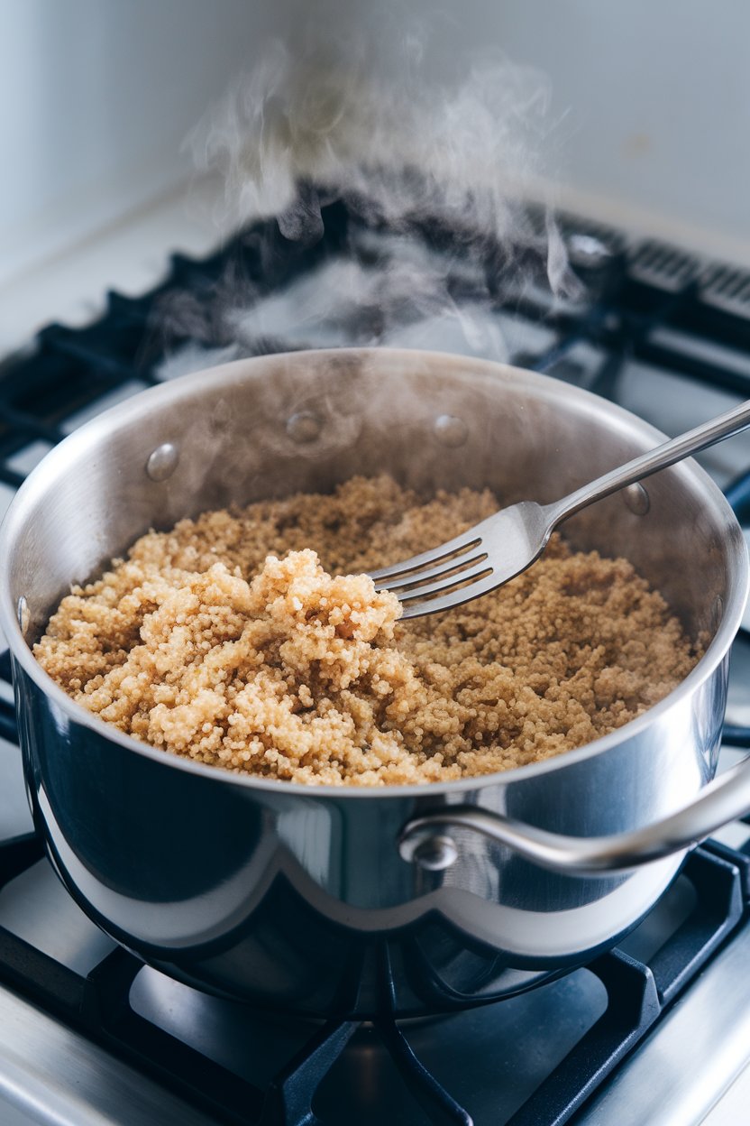 Photo of an indoor stovetop with a large pot of cooked quinoa being fluffed with a fork, steam rising gently. No text or logos.