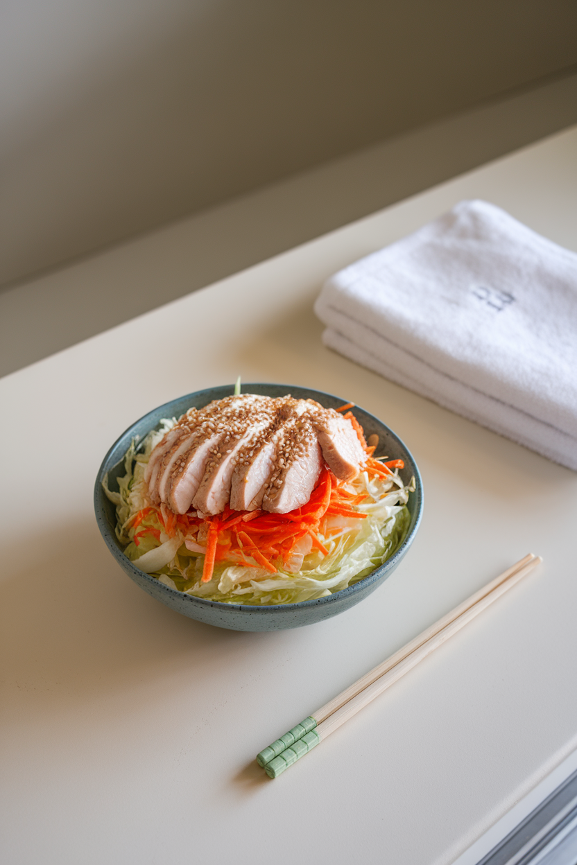 An indoor counter with a bowl of shredded napa cabbage and carrots topped with sesame seeds and sliced chicken breast. Photo, no text or logos.