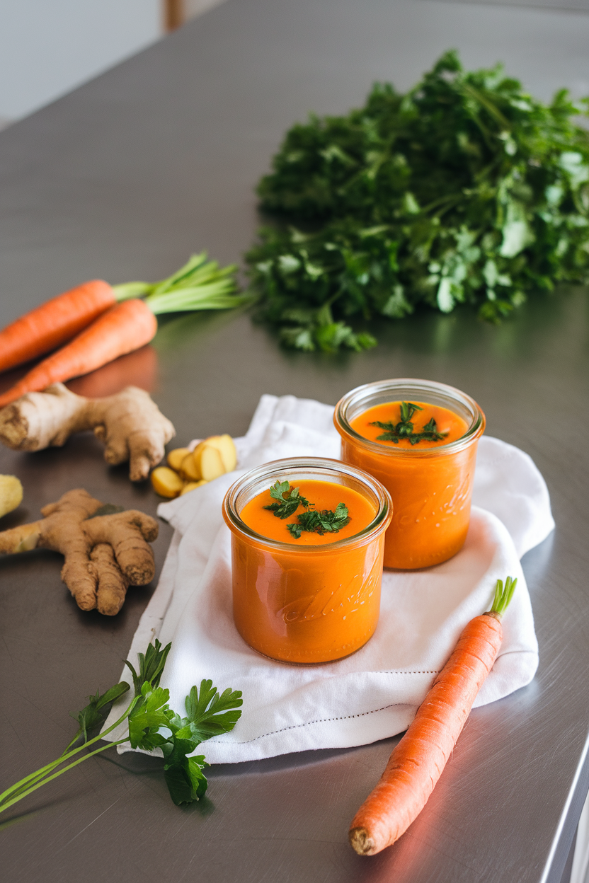Indoor counter scene with vibrant orange carrot ginger soup in glass jars, garnished with parsley. No text or logos present.