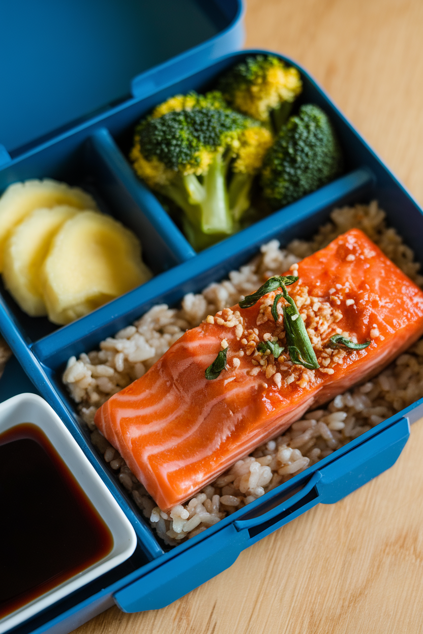 A sectioned bento box indoors featuring a four-ounce glazed cooked salmon fillet, half-cup brown rice, and steamed broccoli florets. No text or logos.