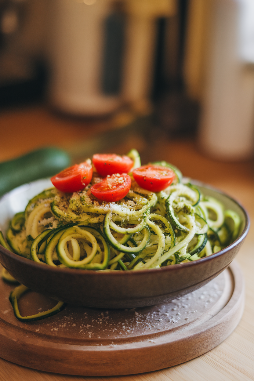 Indoor photo of a pasta bowl filled with spiralized zucchini tossed in bright green basil pesto, cherry tomato halves scattered on top; side lighting, no text or logos