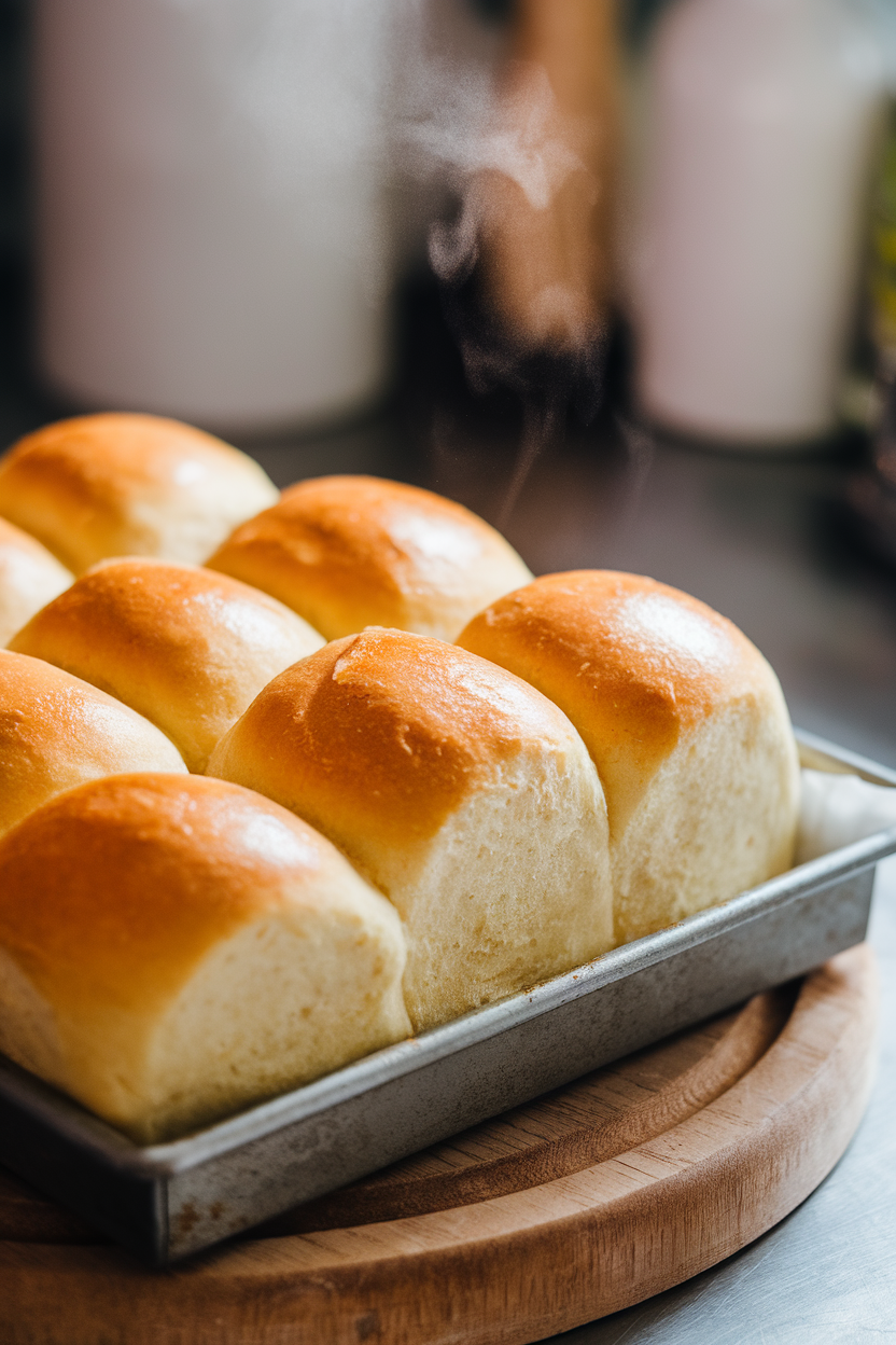 Indoor kitchen counter with a tray of golden pull-apart dinner rolls brushed with butter, steam wisp visible. No text or logos. Photo only.