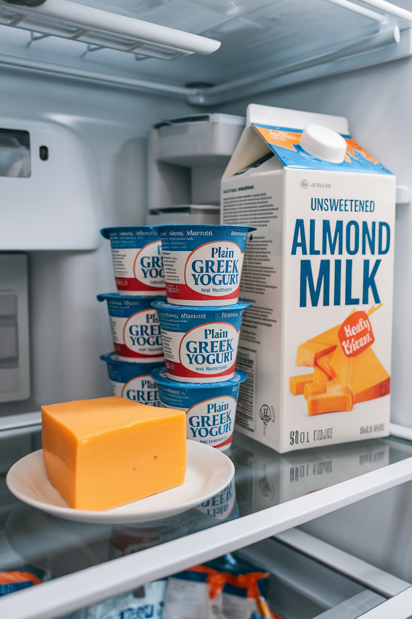 Indoor refrigerator shelf displaying plain Greek yogurt cups, a carton of unsweetened almond milk, and a block of cheddar on a small plate. No text or logos visible, photo not illustration.