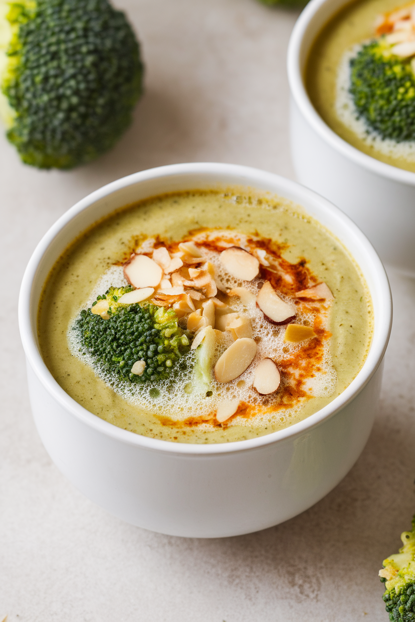 Photo prompt: A white indoor soup cup of creamy broccoli almond soup, crushed almonds sprinkled on foam. No text or logos present.