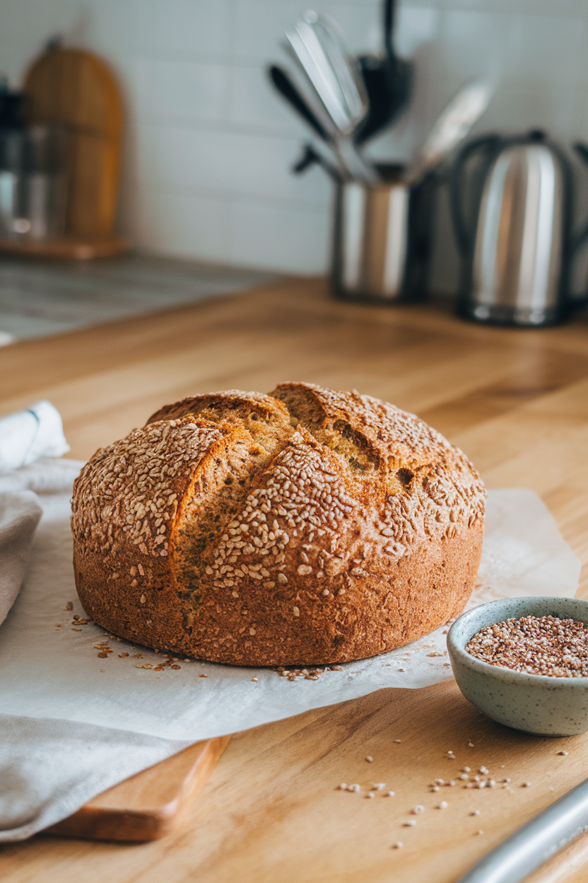 An indoor kitchen island showcasing a round loaf of quinoa sunflower seed bread, seeds sprinkled on top, a small bowl of uncooked quinoa nearby. No text or logos. Photo only.
