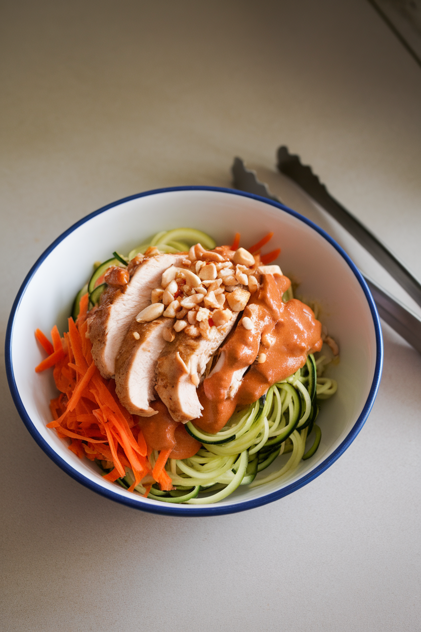 An indoor countertop with zucchini noodles topped with sliced chicken breast, shredded carrots, and spicy peanut sauce, chopped peanuts sprinkled over. No text or logos. Photo.