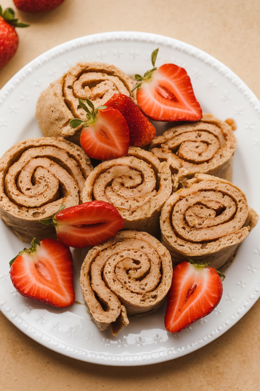 An indoor plate holding rolled whole-grain pancakes spread with almond butter and sliced strawberries, cut into bite-size pieces. Photo, no text or logos.