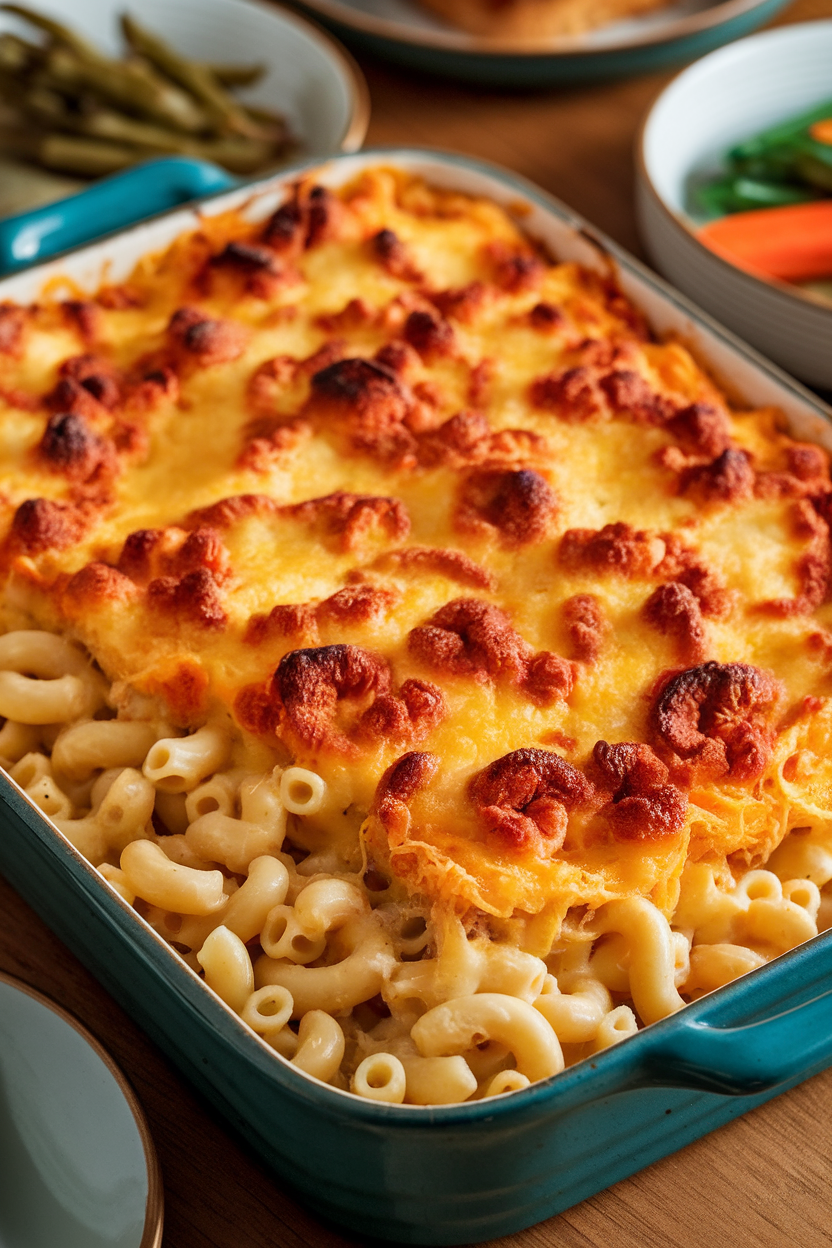 Indoor photo of a casserole of macaroni covered in bubbling cheese with browned patches on top. No text or logos.