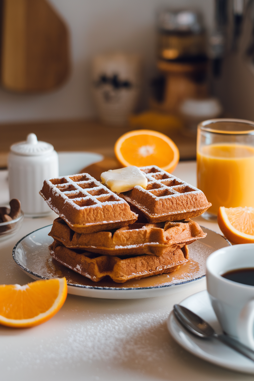 An indoor breakfast table featuring a stack of gingerbread waffles with a pat of melting butter and a light dusting of powdered sugar, no logos or text in sight.