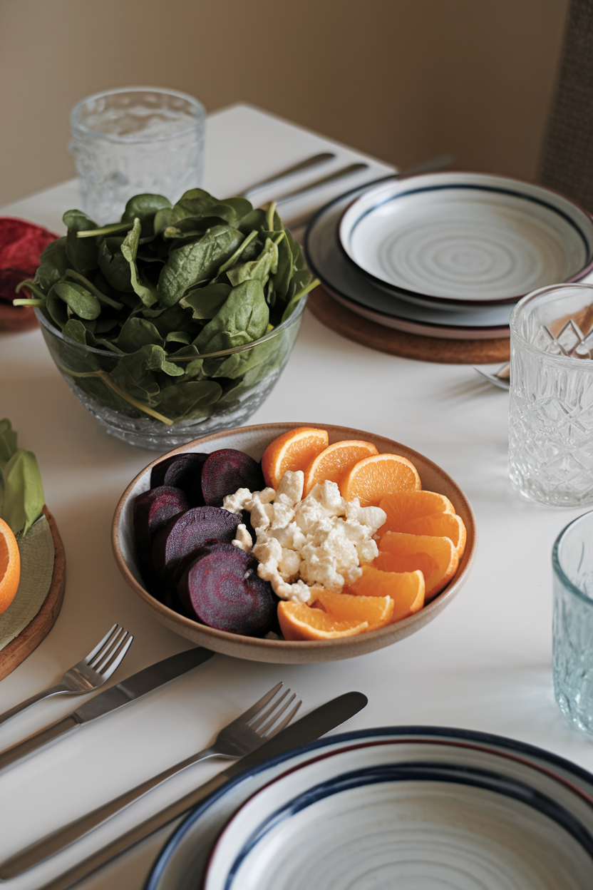 Photo of an indoor dining table featuring baby spinach, pickled beet slices, orange segments, and goat cheese crumbles in a bowl. No logos or text present.