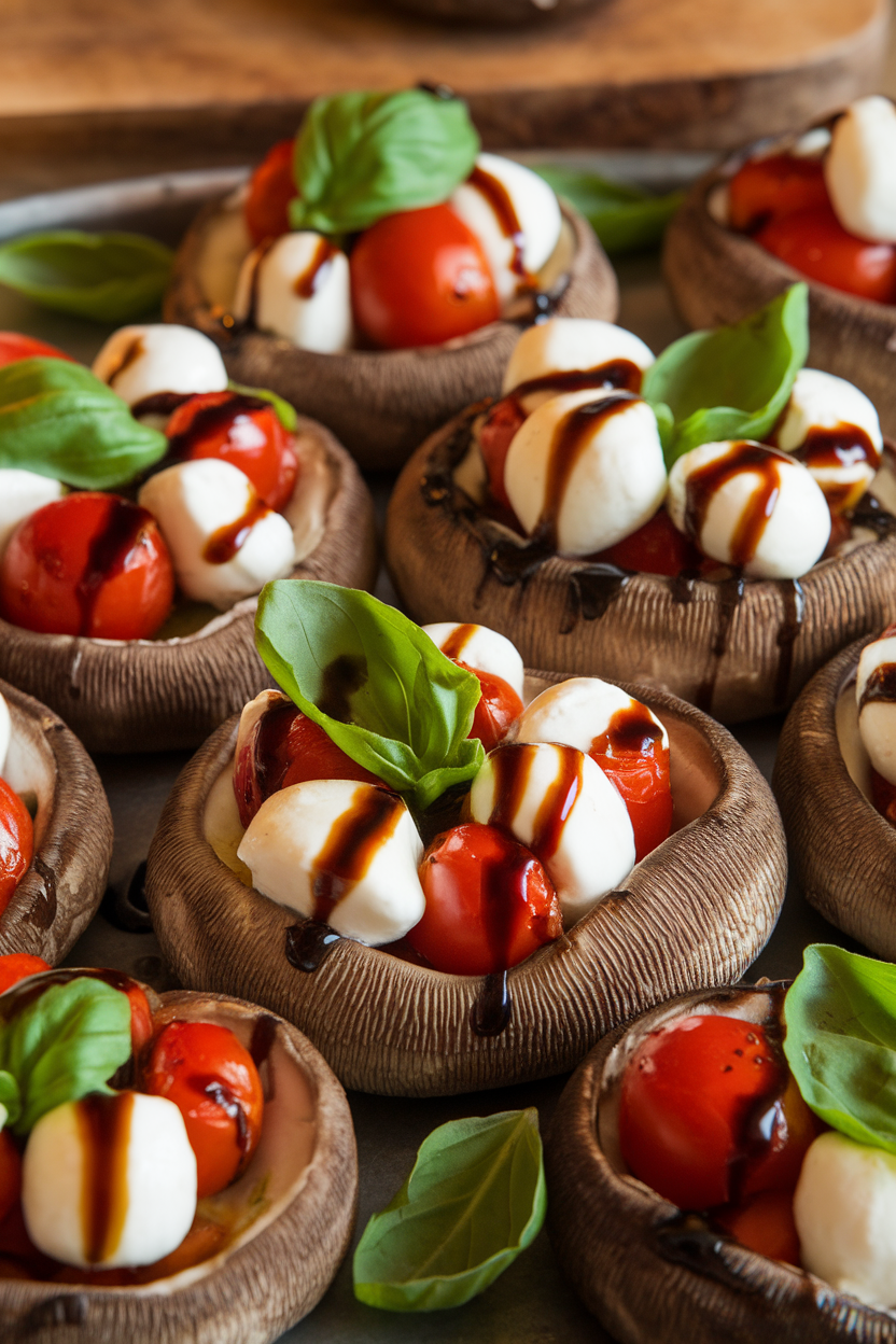 Indoor photo of large Portobello caps filled with cherry tomatoes, mozzarella pearls, and basil leaves, balsamic drizzle on top. No text or logos.