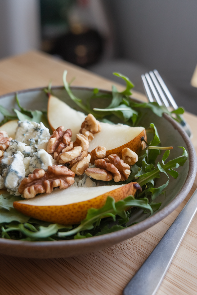 A shallow salad bowl indoors holding wilted arugula, roasted pear wedges, toasted walnuts, and crumbled blue cheese. No text or logos. Photo.