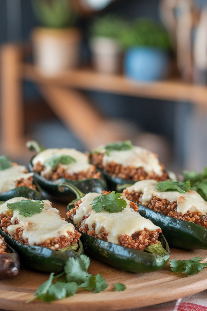 Indoor photo of roasted poblano peppers stuffed with turkey, quinoa, and melted pepper jack cheese, no text or logos.