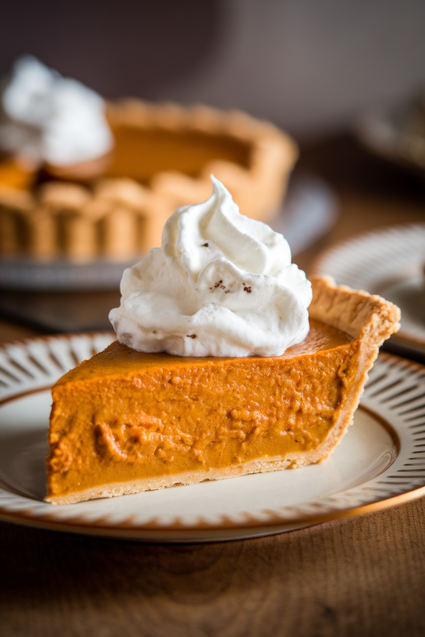 Photo of classic pumpkin pie slice topped with whipped cream on a plate indoors, no text or logos.