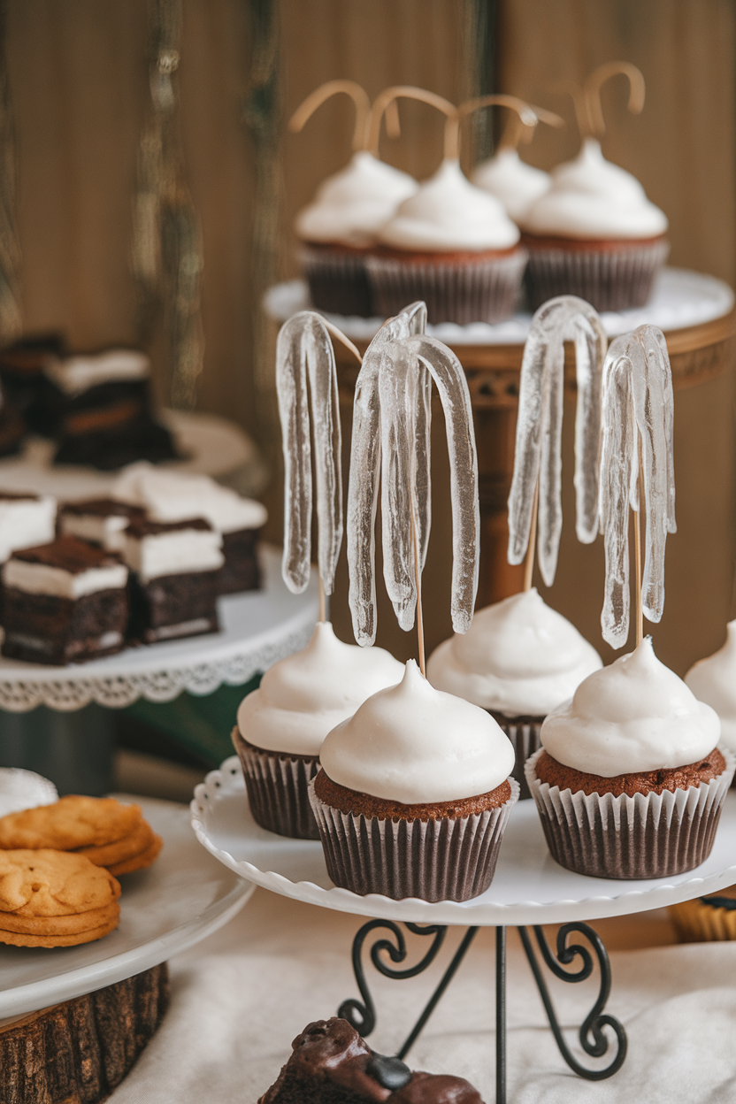 Photo of indoor winter dessert spread with cupcakes featuring elongated clear sugar icicles hanging from white frosting edges, no text or logos.
