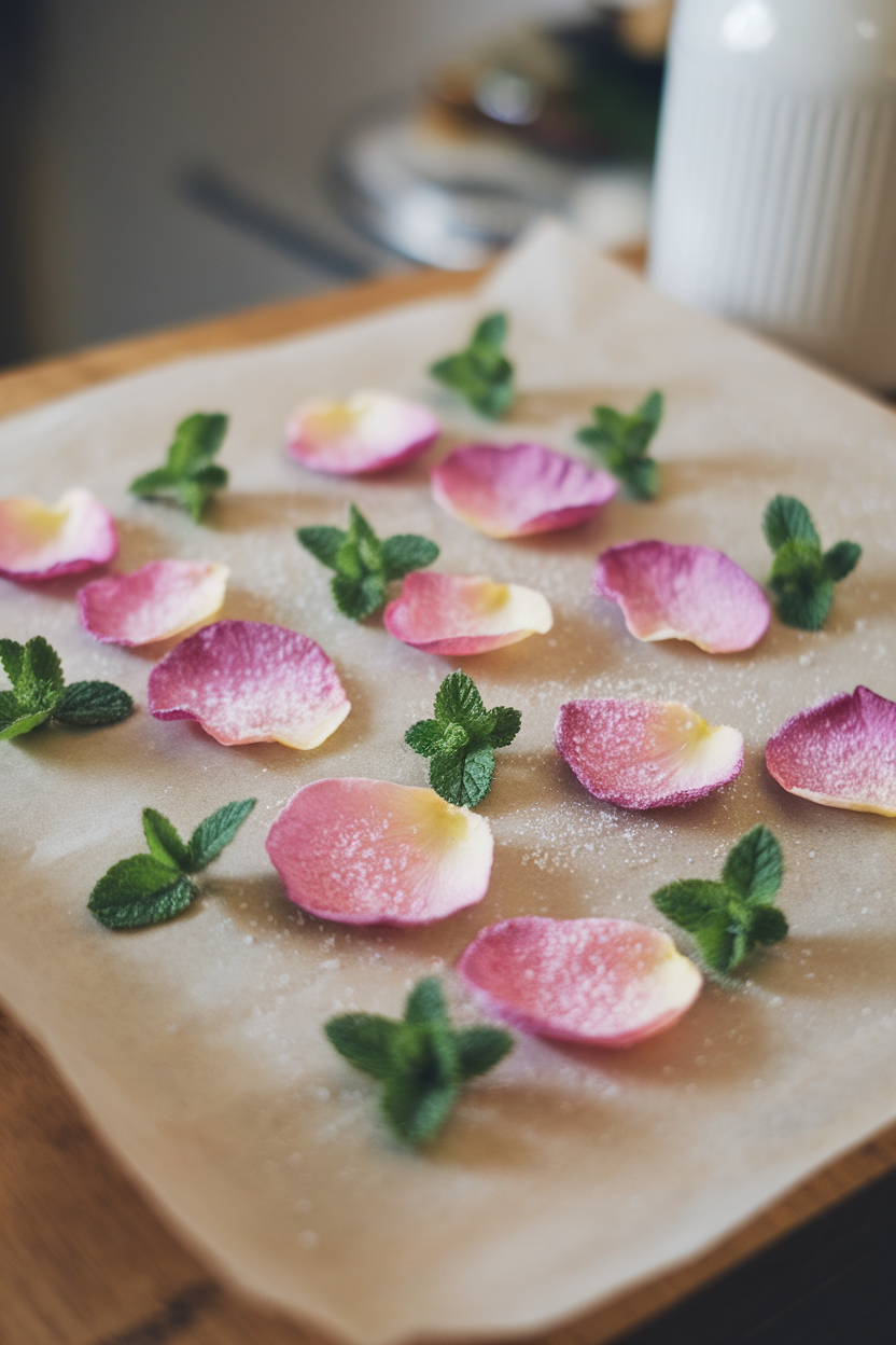 Indoor shot of pastel sugared rose petals and tiny mint leaves drying on parchment, no text or logos