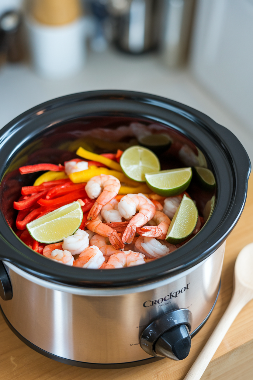 Indoor photo of cooked shrimp, red and yellow bell pepper strips, and lime wedges in a crockpot, no text or logos present.