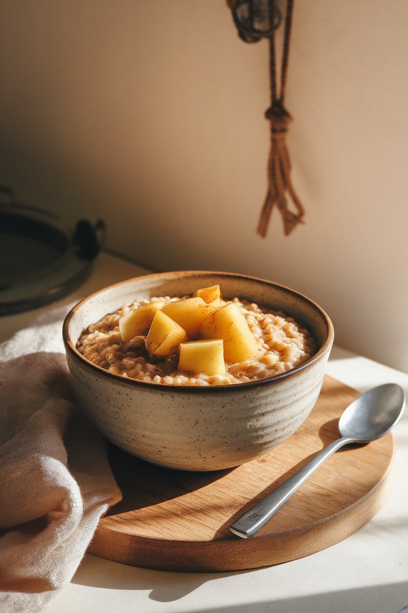 Indoor ceramic bowl of creamy millet porridge topped with cinnamon-stewed apple chunks; gentle morning light, no text or logos.