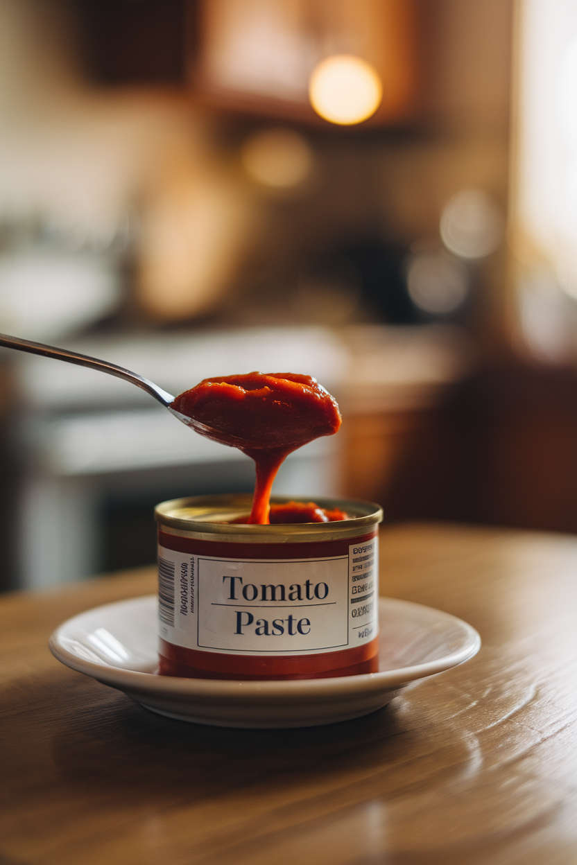 Indoor photo of a small spoon scooping thick tomato paste from a metal can onto a white saucer; warm light, no text or logos