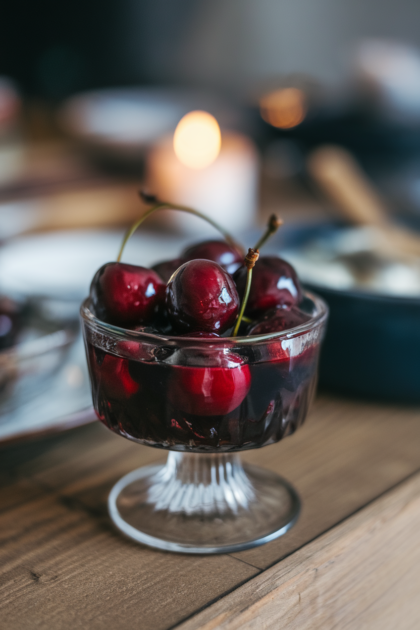 Indoor image of dark kirsch-soaked cherries glistening in a small glass dish, no text or logos