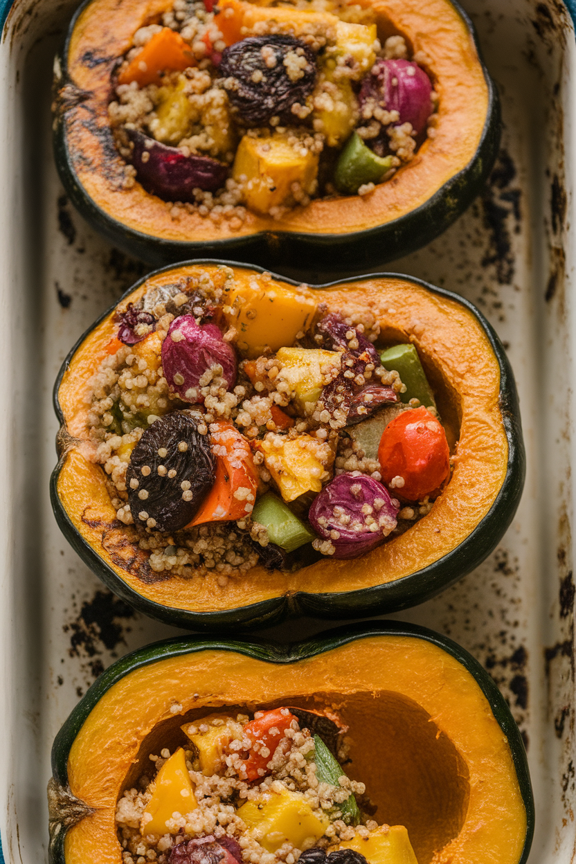 An indoor casserole dish containing halved acorn squash filled with colorful roasted vegetables and quinoa, tops slightly charred. No text or logos in view.