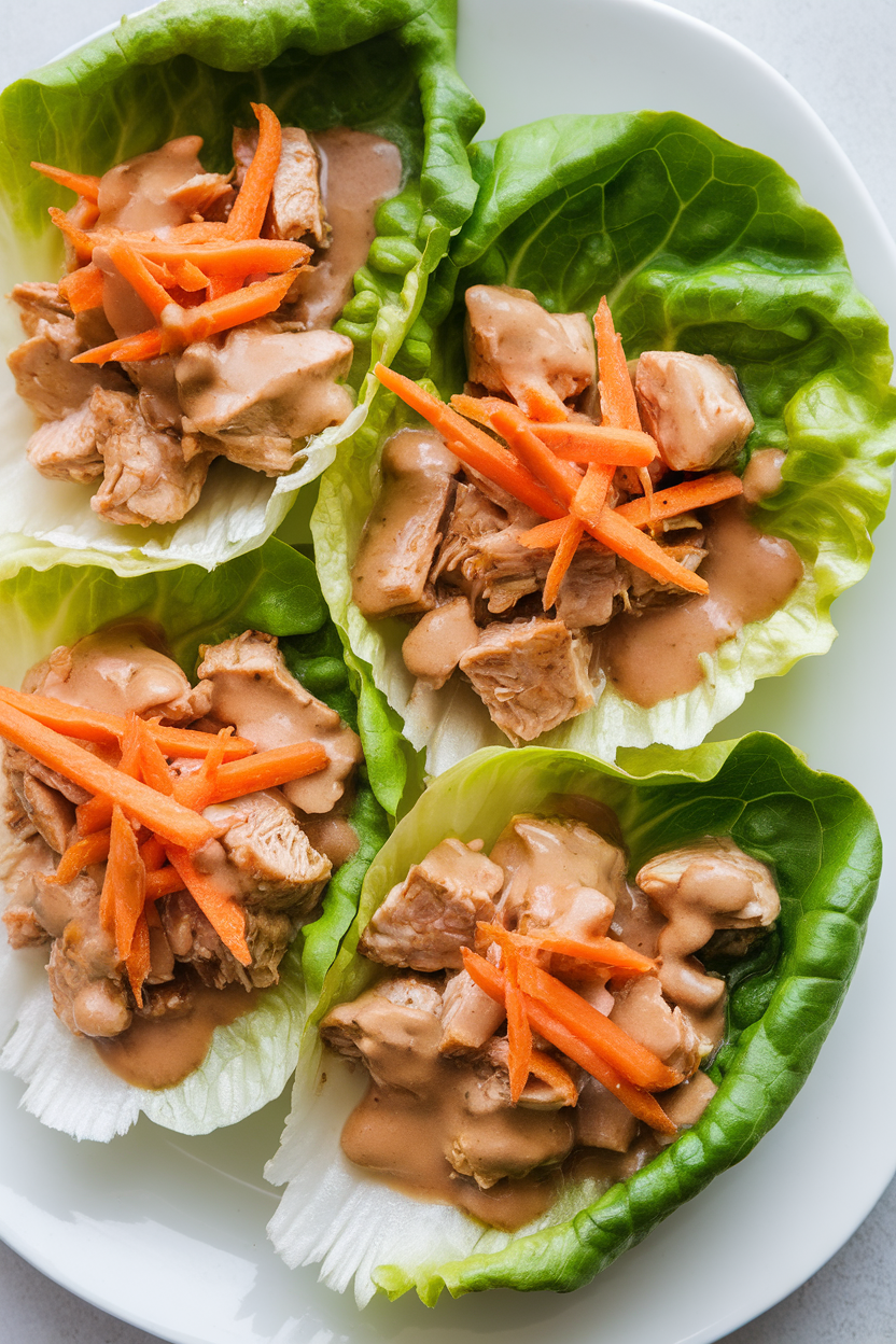 Indoor photo of butter lettuce leaves filled with diced chicken coated in light peanut sauce, topped with shredded carrots. No text or logos.