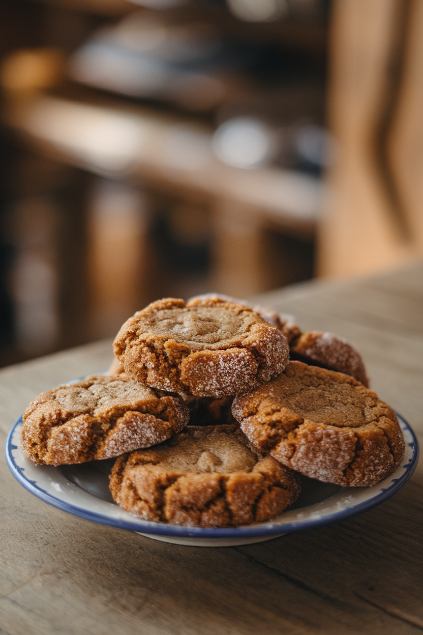 A plate of chewy molasses cookies sitting on an indoor wooden table, edges sugar-crusted and center slightly cracked. Photo, no text or logos.