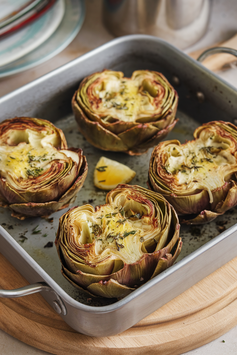 An indoor baking dish containing halved roasted artichokes brushed with lemon garlic butter, herbs sprinkled over. No text or logos present. Photo only.