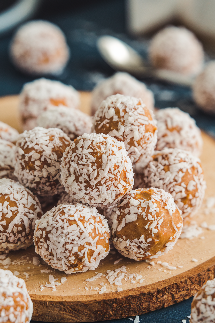 Indoor wooden board displaying round almond butter energy bites rolled in shredded coconut, close-up shot. No text or logos.