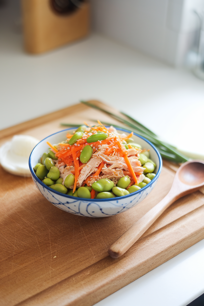 Bright indoor countertop featuring a bowl of shelled edamame, shredded chicken, shredded carrots, and sesame seeds tossed in a soy-sesame dressing — no logos