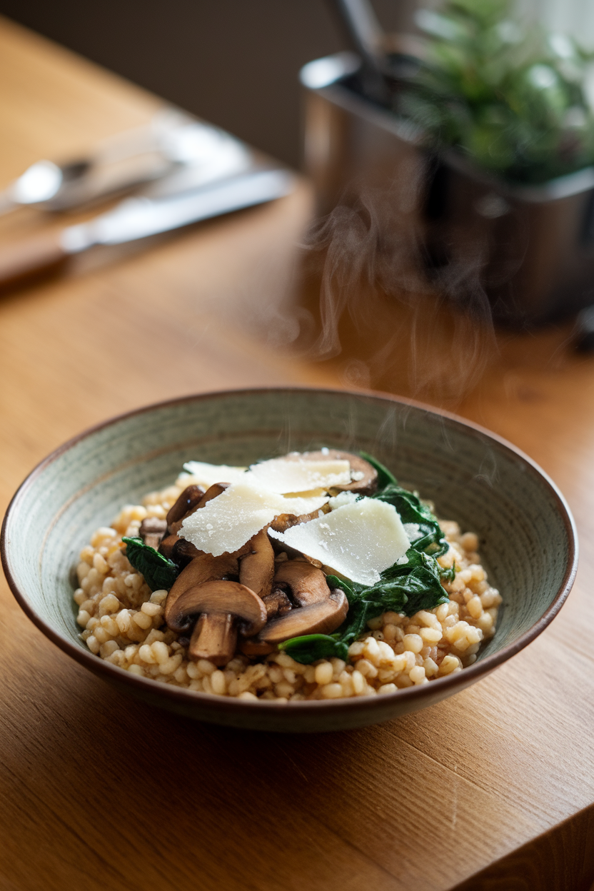 Photo of an indoor wooden table featuring a shallow bowl of warm pearl barley, sautéed mushrooms, spinach, and shaved parmesan. Gentle steam evident, no logos or text.