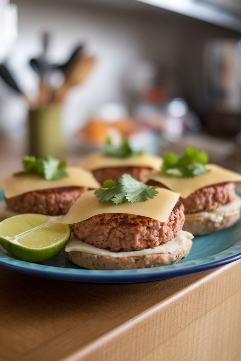 Indoor plate holding cooked turkey burger patties with lime wedges and cilantro garnish, no text or logos