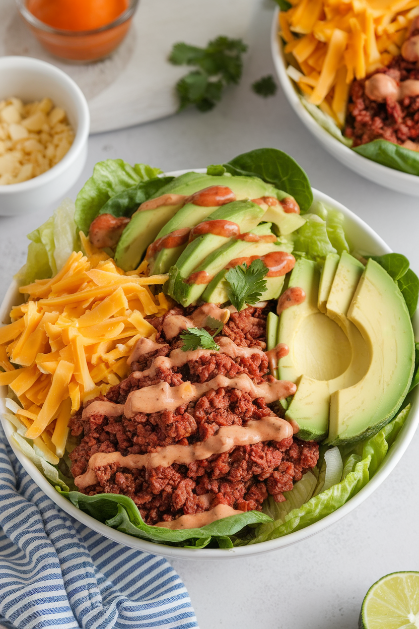 Indoor salad bowl piled with romaine, spiced ground beef, avocado, shredded cheese, and chipotle dressing. No text or logos. Photo, not illustration.