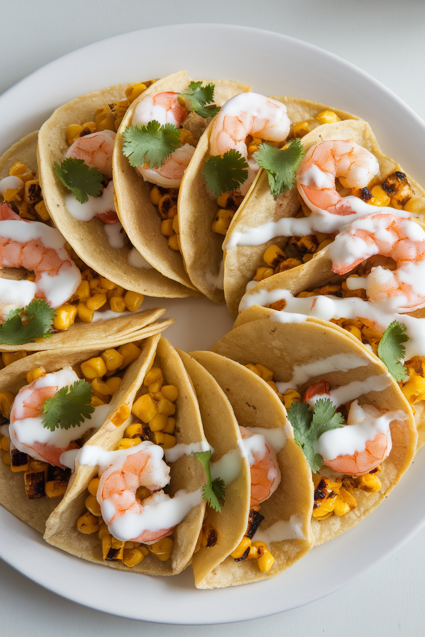 A plated indoor shot of golden tortillas filled with cooked shrimp and charred corn kernels, topped with a light cilantro-lime yogurt drizzle, no logos.