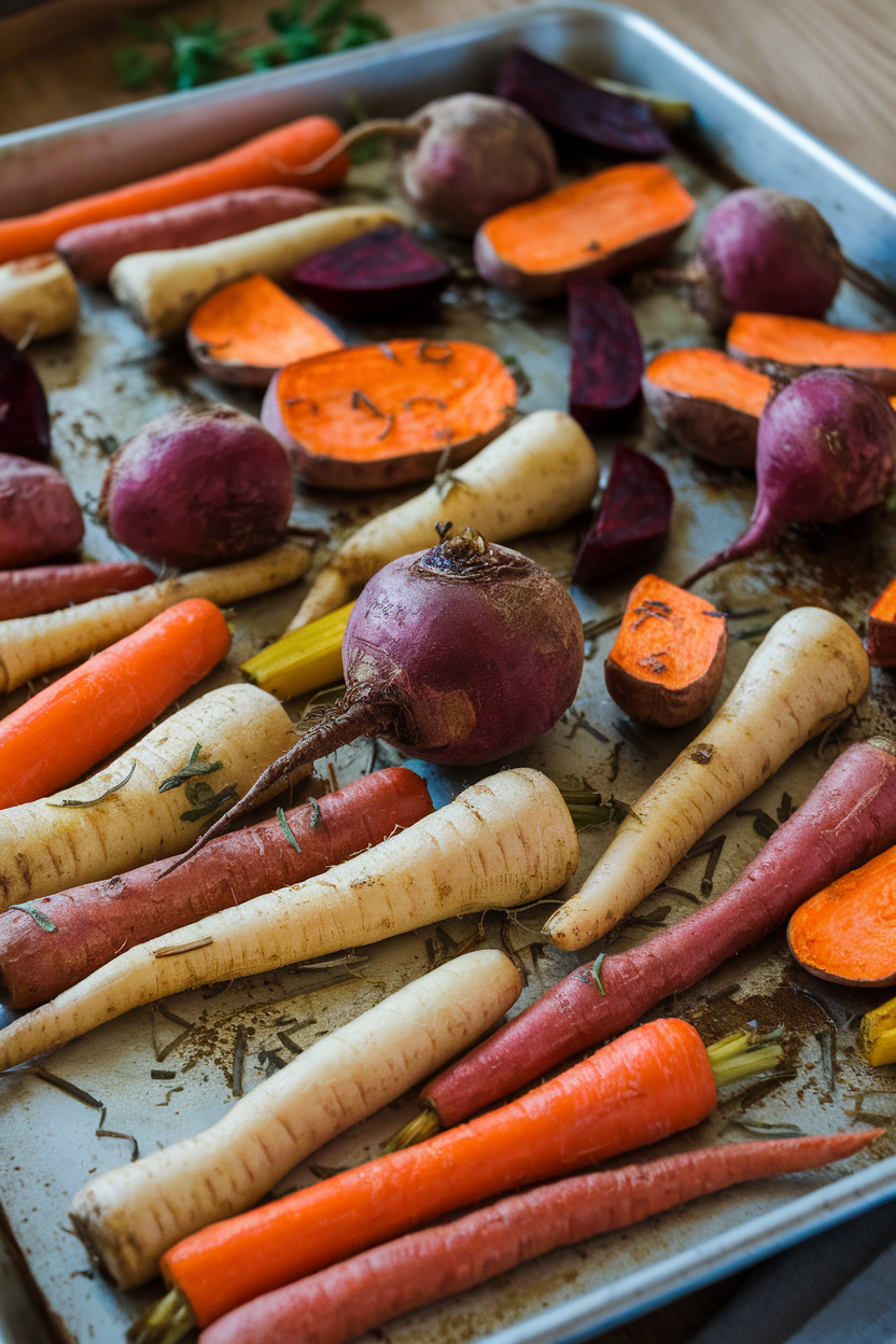A baking sheet indoors with assorted roasted root veggies—carrots, parsnips, beets, and sweet potatoes—herbs scattered. No text or logos. Photo.
