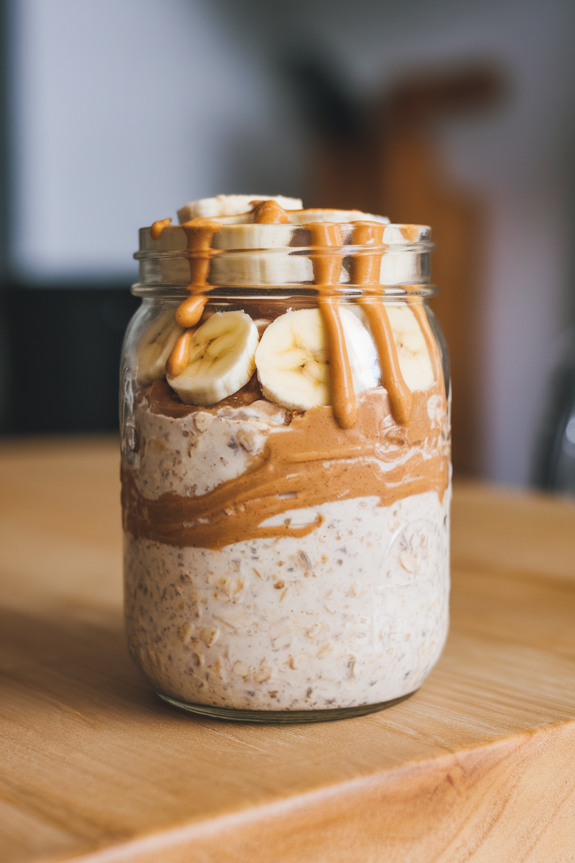 A glass jar indoors showing layers of overnight oats, peanut butter ribbons, and banana slices. No text or logos.