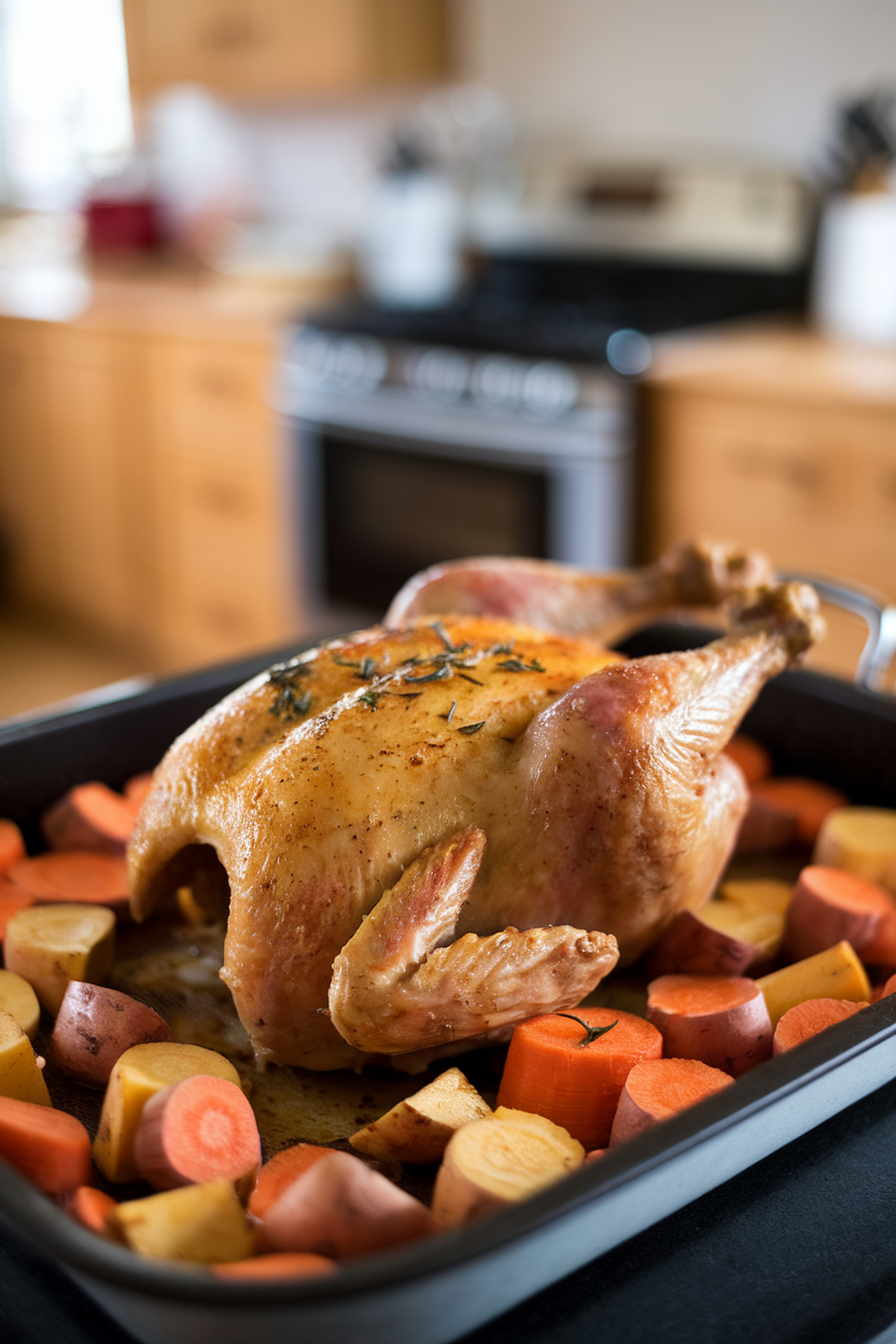 An indoor photo of a roasting pan containing golden whole roast chicken surrounded by diced carrots, parsnips, and sweet potatoes, herbs scattered on top. No text or logos.