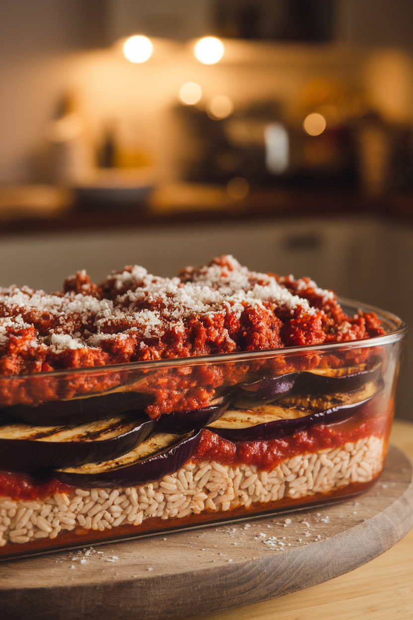 Photo of a casserole with grilled eggplant slices layered over ground turkey marinara and brown rice, sprinkled sparingly with grated Parmesan, indoor warm lighting. No logos or text.