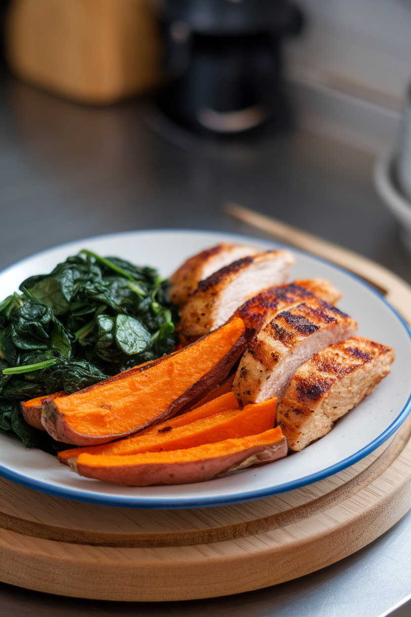 Photo of an indoor plate containing roasted sweet potato wedges, grilled chicken strips, and a side of sautéed spinach, no text or logos.