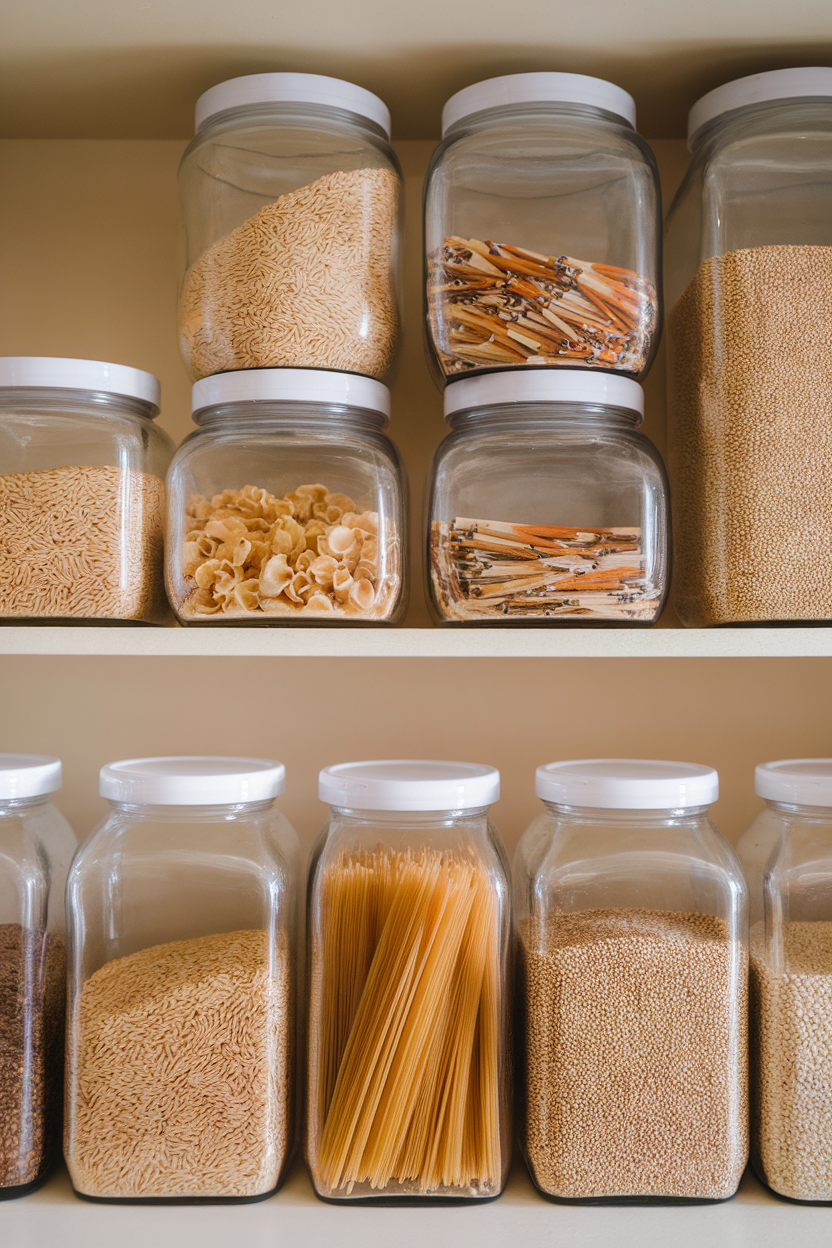 An indoor pantry shelf neatly stacked with brown rice, whole-wheat pasta, and quinoa in clear glass jars. No labels with logos. Photo.