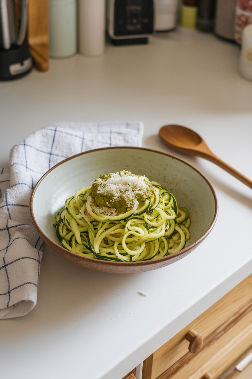 Indoor kitchen counter featuring a bowl of spiralized zucchini noodles coated in vibrant green pesto, garnished with grated Parmesan. No text or logos. Photo, not illustration.