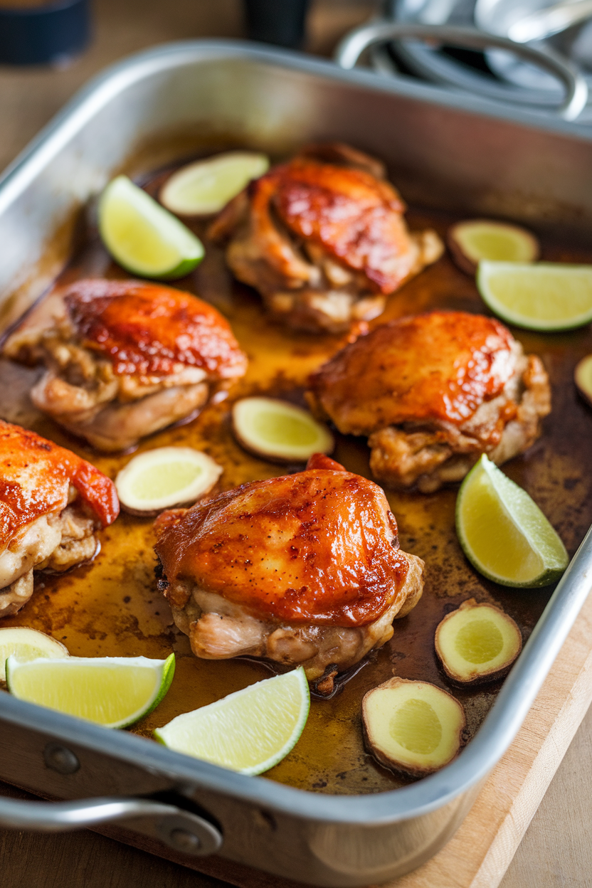 An indoor roasting pan with glazed chicken thighs, lime wedges scattered and ginger slices visible in the sauce. No text or logos. Photo only.