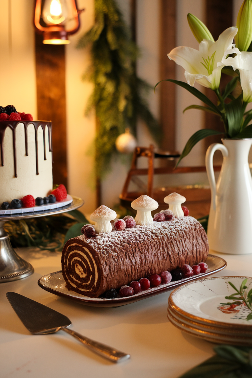 A warmly lit indoor dining room scene featuring a chocolate sponge roll covered in rich chocolate buttercream textured to resemble tree bark, dusted with powdered-sugar “snow,” and garnished with sugared cranberries and meringue mushrooms. No text or logos visible; photo, not illustration.