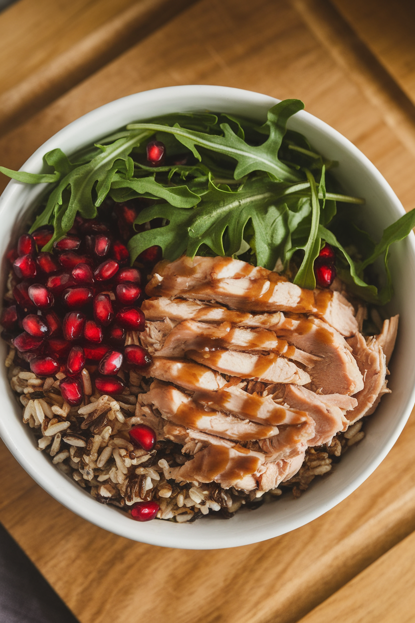Indoor photo of shredded cooked chicken, wild rice blend, pomegranate seeds, and baby arugula drizzled with a light balsamic dressing. Warm overhead lighting, no text or logos.