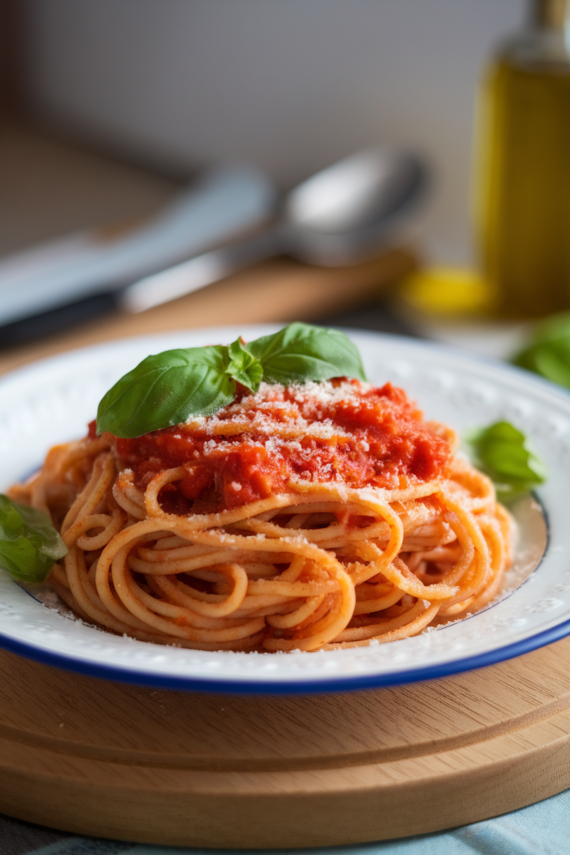 An indoor plate of whole-wheat spaghetti tossed in fresh tomato sauce, garnished with torn basil leaves and a light dusting of grated Parmesan. No text or logos visible.