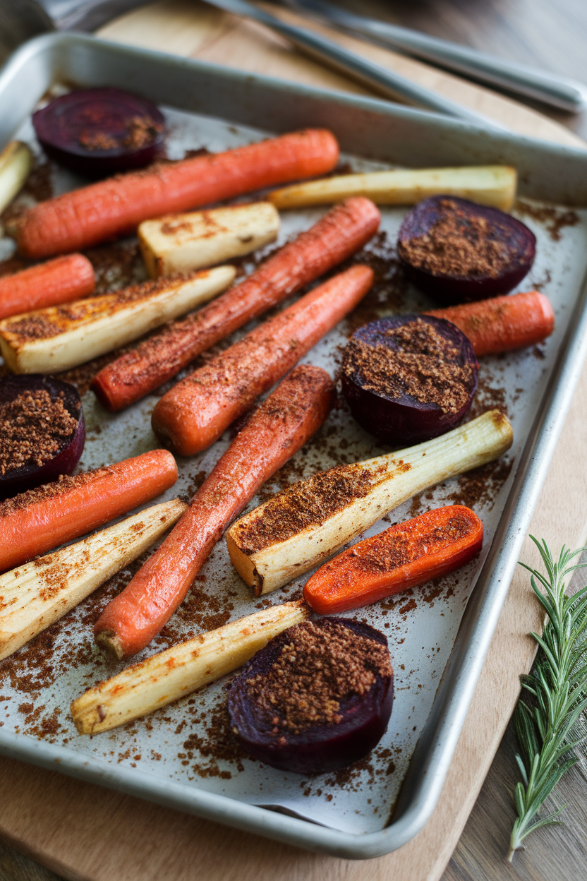 An indoor sheet pan of roasted carrots, parsnips, and beets dusted with za’atar spice mix, edges caramelized; no text or logos.