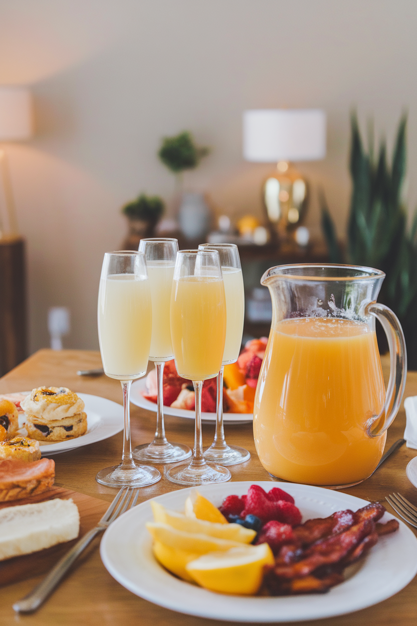 An indoor brunch table with a clear pitcher of mimosas—orange juice and sparkling wine—next to stemmed flutes. No text or logos. Photo, not illustration.