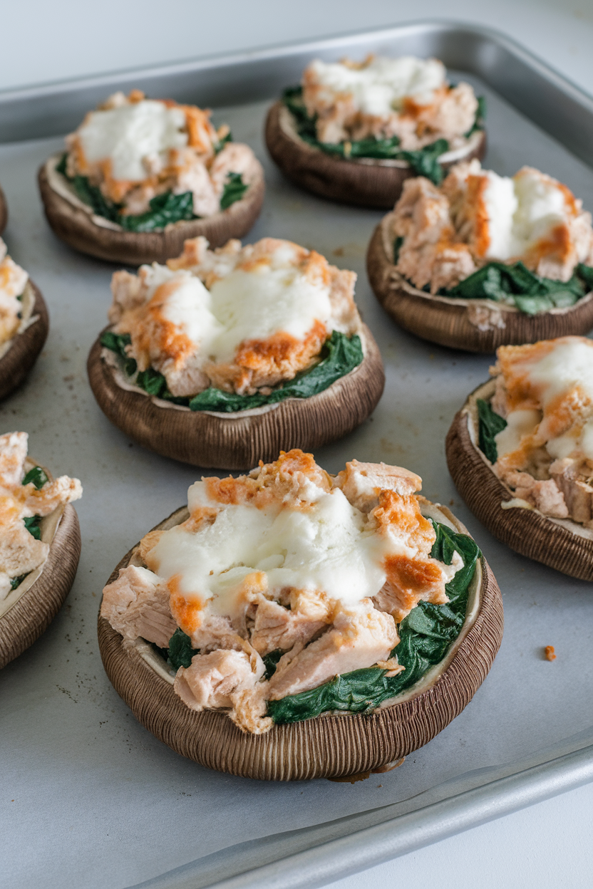 An indoor baking sheet with large portobello caps filled with chopped chicken, spinach, and melted mozzarella. No logos or text. Photo.