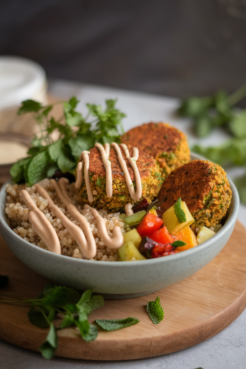 Photo of a bowl containing baked falafel, quinoa, roasted veggies, and tahini drizzle, shot indoors, no text or logos